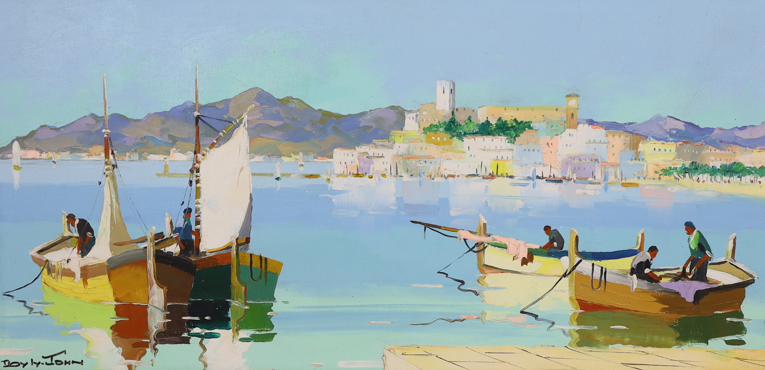 Cecil Rochfort D'Oyly-John (English, 1906-1993), Fishing boats along the Mediterranean coast, oil on board, 33 x 69cm